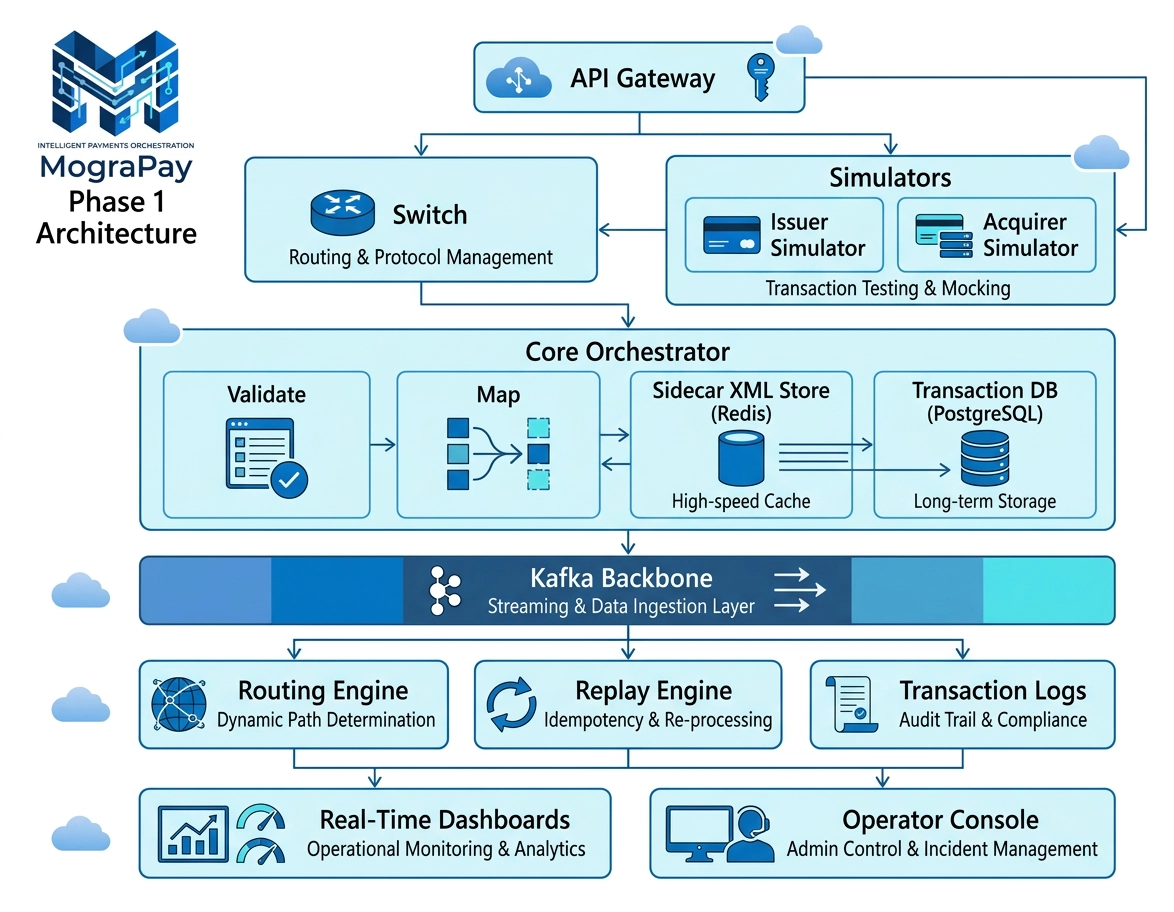 Phase 1 architecture with API gateway, orchestrator, and Kafka backbone